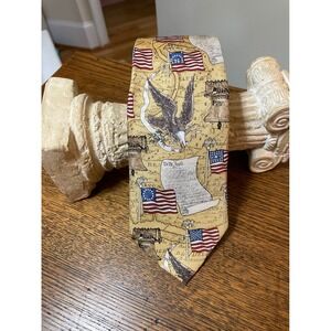 Mens Patriotic Silk Tie American Flag Liberty Bell Constitution Tan RN 121148